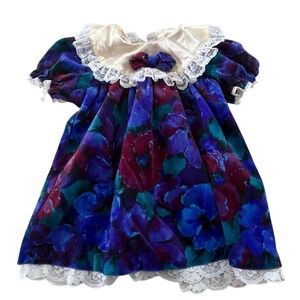 Vintage Velvet Dress Toddler Size 4T Lace Floral Blue Purple Ruffle USA